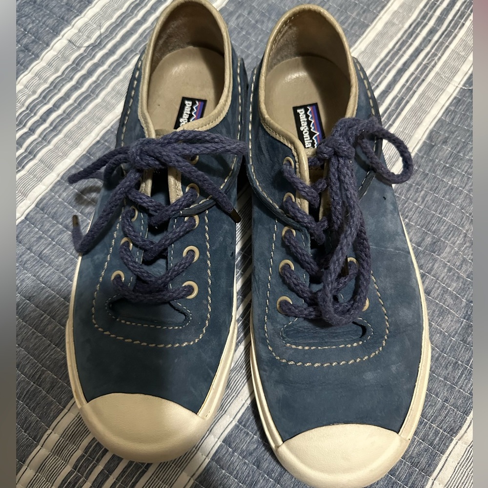 Patagonia Navy Blue Suede Lace-Up Sneakers with Cream Accents